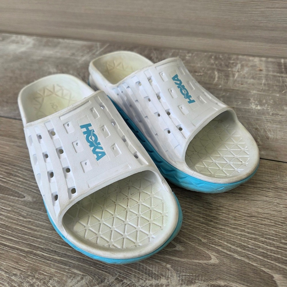 Hoka Ora Recovery Slide 1 OG Sandals Womens White Blue EVA Foam Size 7 Sporty